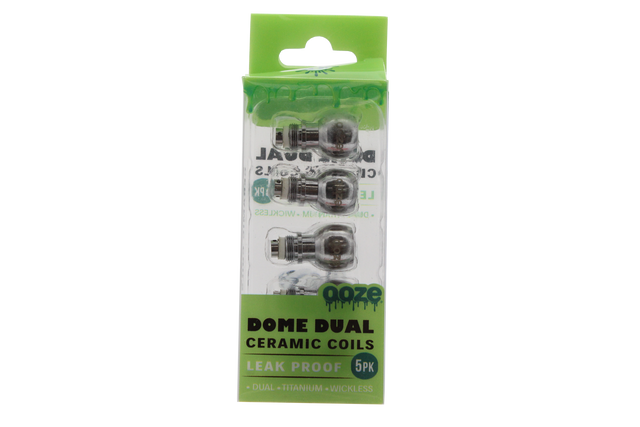 front view of the ooze dome dual ceramic coils. made from leak proof construction and durable titanium construction for revitalizing performance back to original standard.