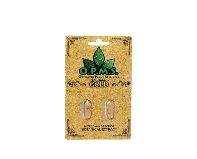 front view of the OPMS kratom capsules packet in a two count package. A wellness product in a tan natural colored package.
