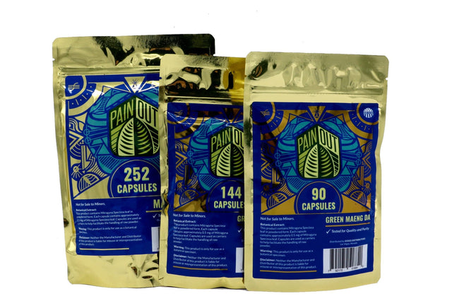 center view of the blue and gold packaging of Pain Out Green Maeng Da Capsules. A premium and convenient measured product for  mental clarity and smooth mood support.