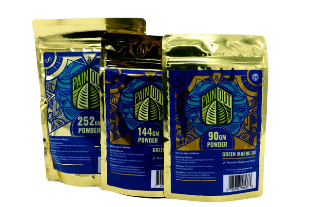 front view of the Pain out Maeng-da kratom powder. A reliable and high quality product for mood motivation and wellness.