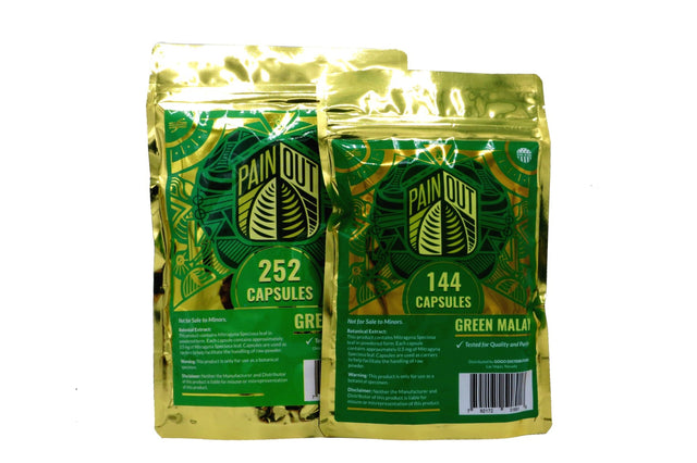 front view of the green and gold Pain Out Green Malay capsule packs. A premium and convenient product for metal clarity and focus.