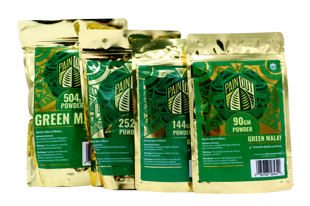 front view of the Green and gold colored Pain Out Green Malay Powder. A Premium product for mood enhancement and mental clarity.