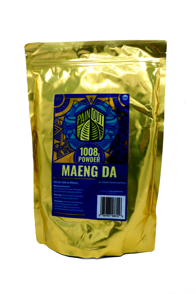 A gold-colored pouch packaging for Pain Out Maeng Da 1008 gram Powder with a blue label. A premium bulk package for motivation and body wellness.