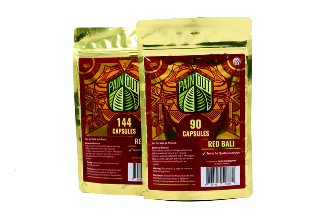 Front view of the Pain out red bali capsule packs. A high quality popular product for mental stress and relaxation.