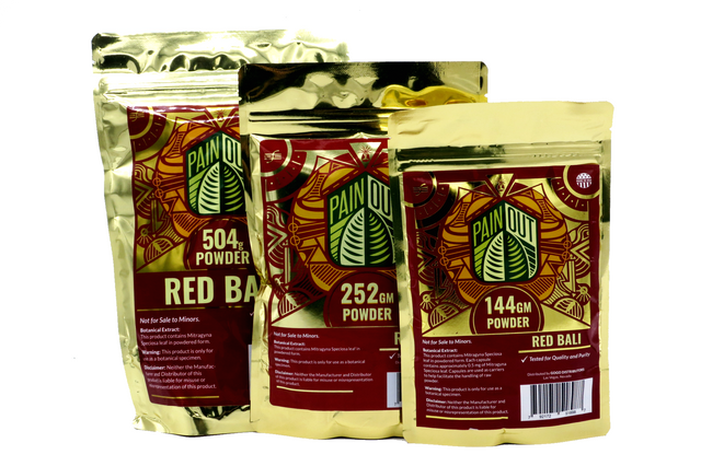 front view of the pain out red bali kratom powder. A high strength strain for relaxation and boosting mood.