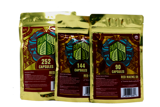 front view of the red and gold packaging of the Pain Out Red Maeng Da capsules packs. Premium quality for the popular strain to help with stress relief and sleep.