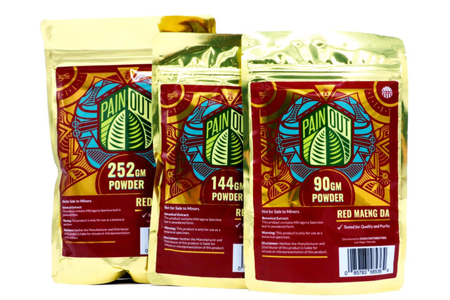 Front view of the Red and gold packaging of the Pain Out Red Maeng Da Kratom Powder. A premium product for smooth and reliable mood enhancing  and well being.