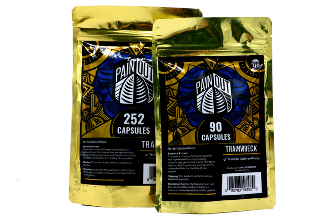 Front view of the Black, Gold and blue of the Pain Out Train wreck capsules packs. A full spectrum blend for a unique synergy for balance.
