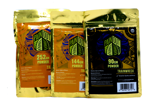 Front view of the Premium Pain Out TrainWreck Powder packs. A premium wellness product for focus and mood boosting.