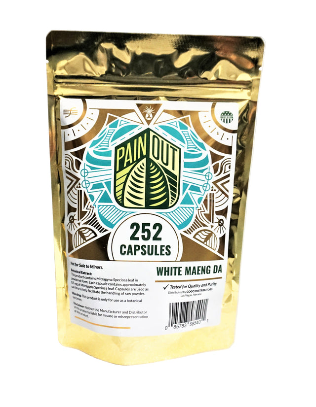 front view of the Painout White Maeng Da kratom 252 capsule bag. A bulk item of the popular strain in capsule form. 
