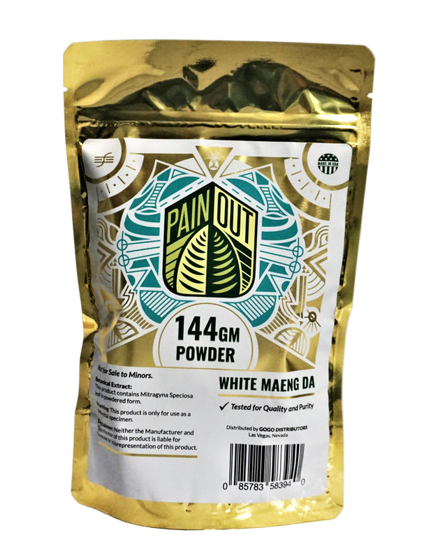 front view of the Pain out White Maeng Da kratom 144 gram bag. A smaller weight bag for convenient use of the kratom strain. 
