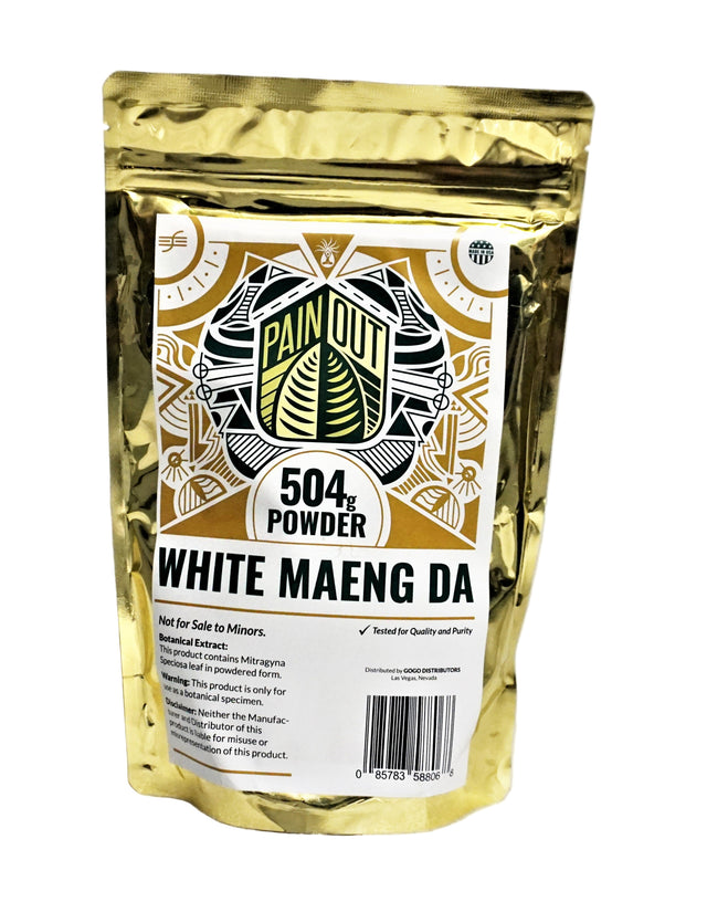 front view of the Painout white maeng da powder 504gram package. A bulk item of the power supplement.