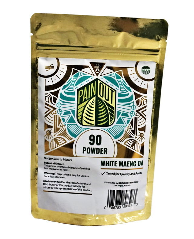 Front view of Painout white maeng da 90gram package. The product is for those who would want a more natural experience.