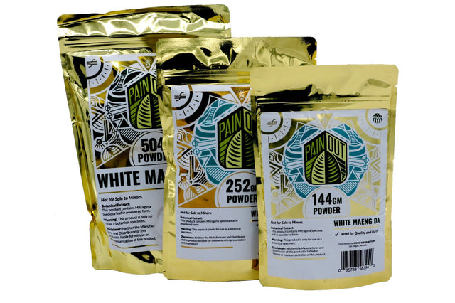 front view of the white and gold packaging on the White Maeng Da from Pain out. A product for those wanting a large boost to help with energy and motivation for busy days.