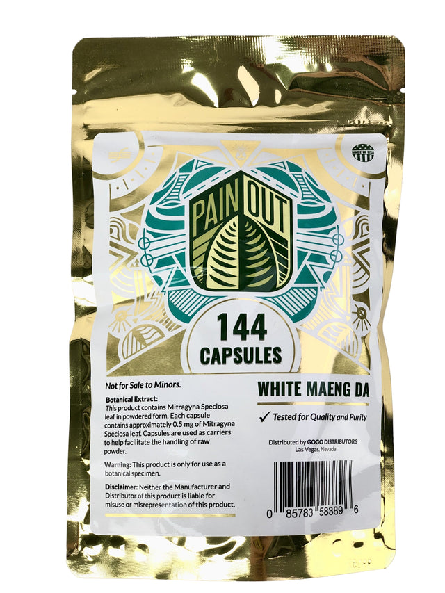Front view of Painout white maengda 144 capsules. A potent product sourced from natural sources.
