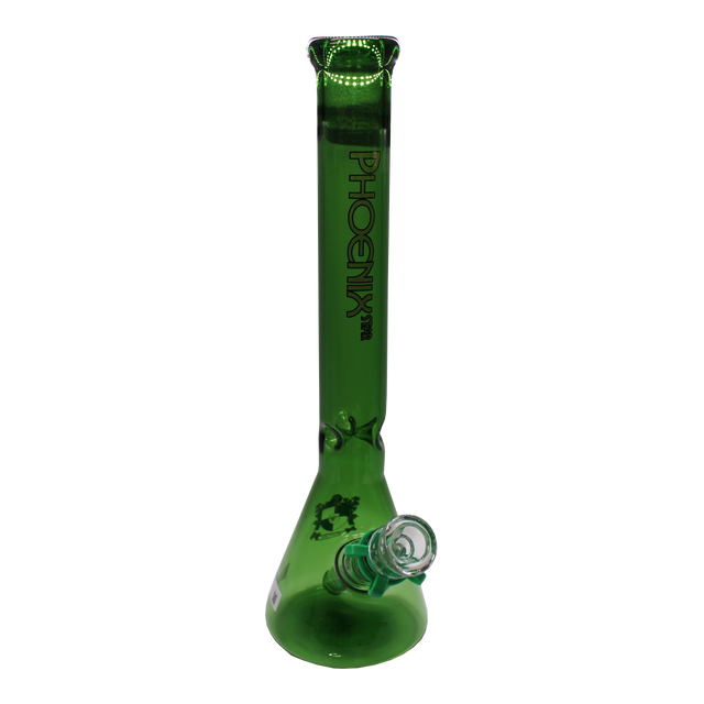 front view of the phoenix star 13.5" bong made from high quality glass. with two percolators for high filtering and vapor concentration.