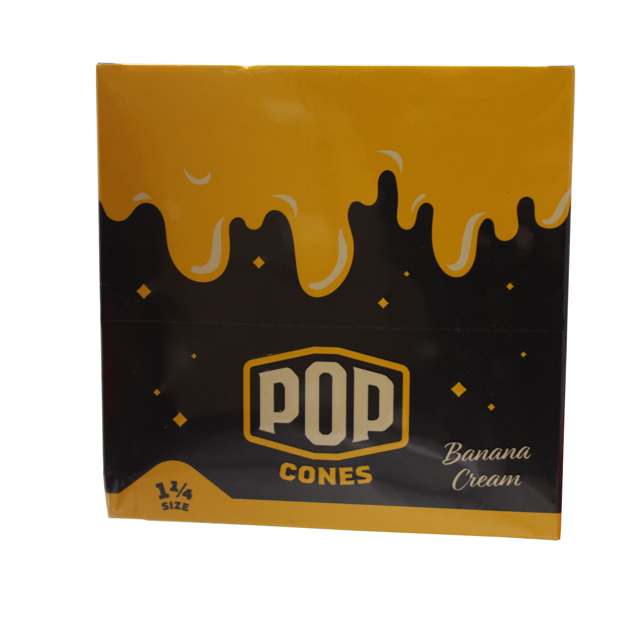front view of the Pop brand squeeze and pop flavored cones 1 1/4 size banana cream display box