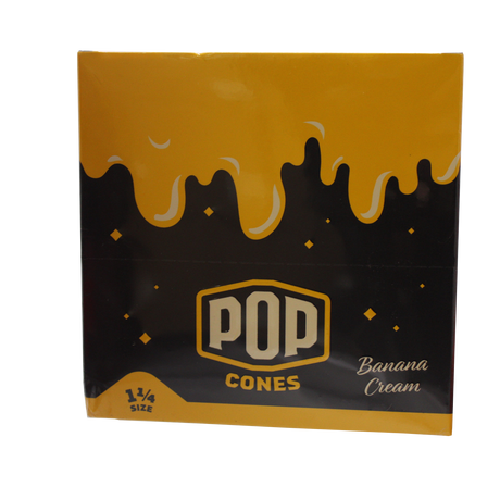 front view of the Pop brand squeeze and pop flavored cones 1 1/4 size banana cream display box