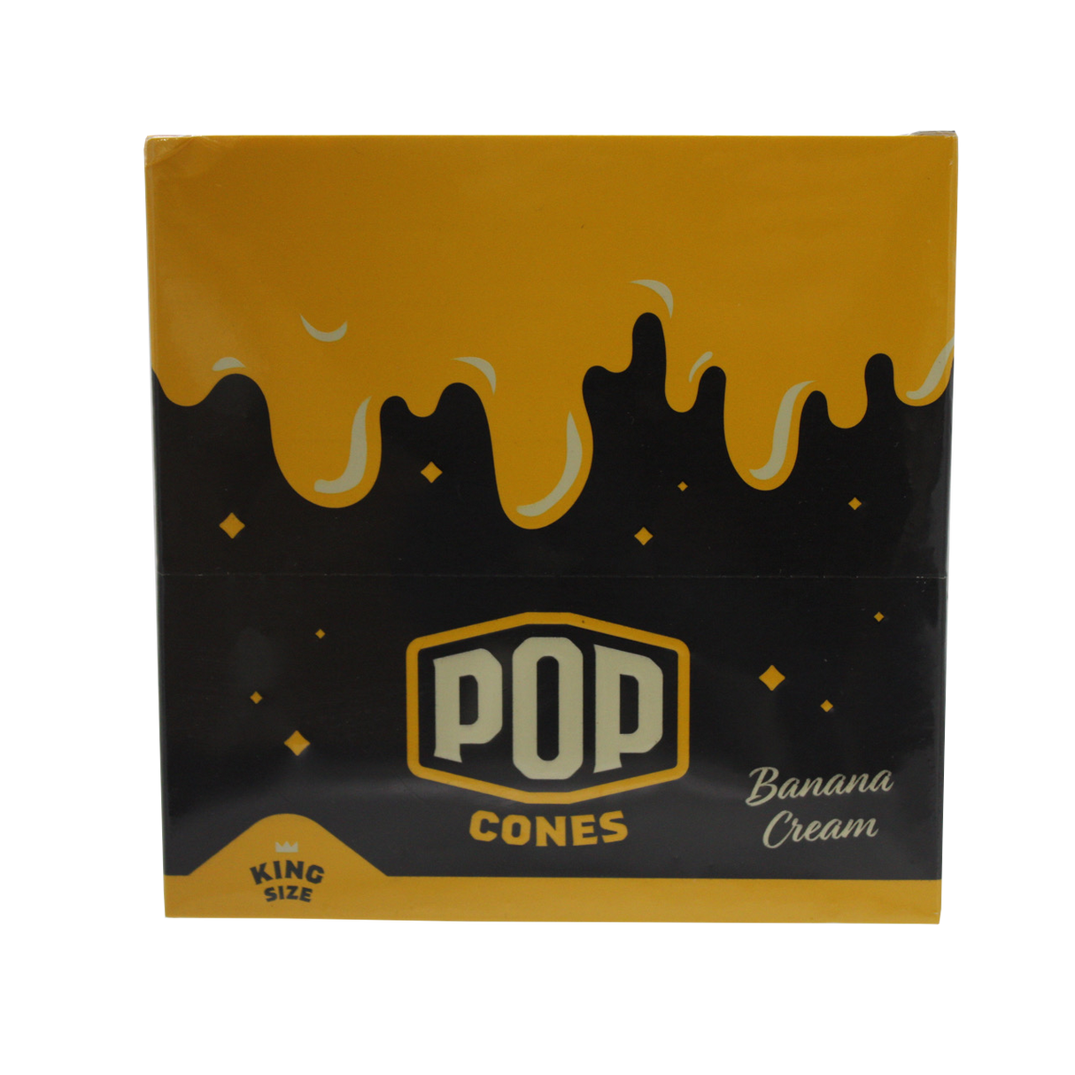 front view of the Pop brand squeeze and pop flavored cones King sized banana cream display box