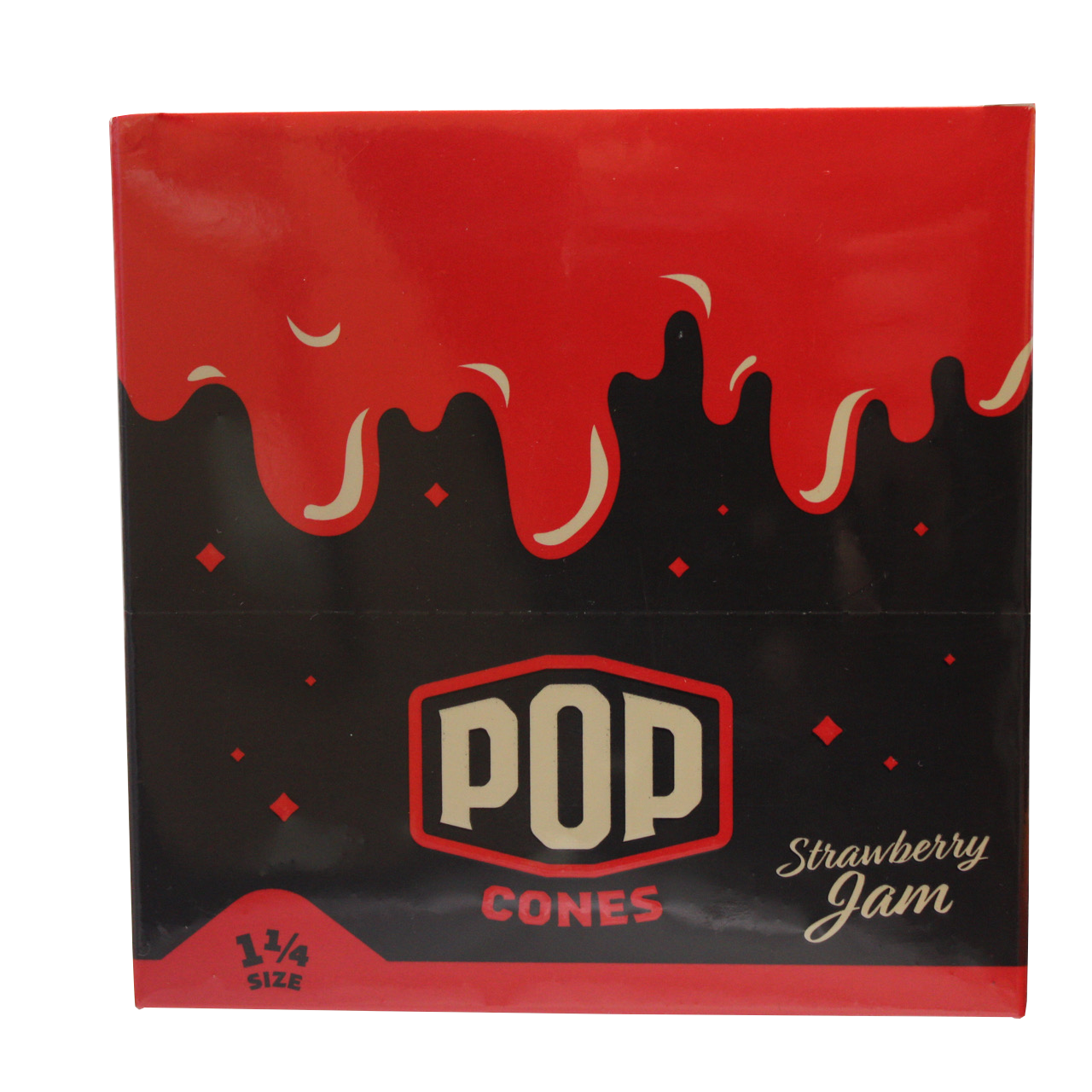 front view of the Pop brand squeeze and pop flavored cones 1 1/4 size strawberry jam display box