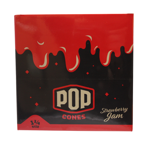 front view of the Pop brand squeeze and pop flavored cones 1 1/4 size strawberry jam display box