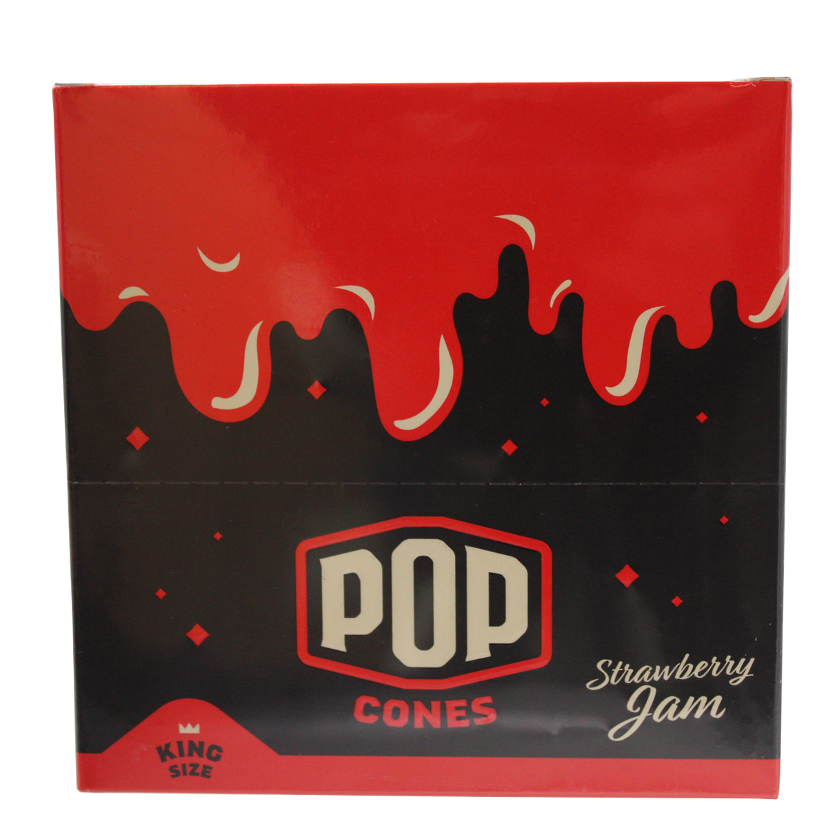 front view of the Pop brand squeeze and pop flavored cones King sized strawberry jam display box