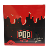 front view of the Pop brand squeeze and pop flavored cones King sized strawberry jam display box