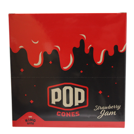 front view of the Pop brand squeeze and pop flavored cones King sized strawberry jam display box