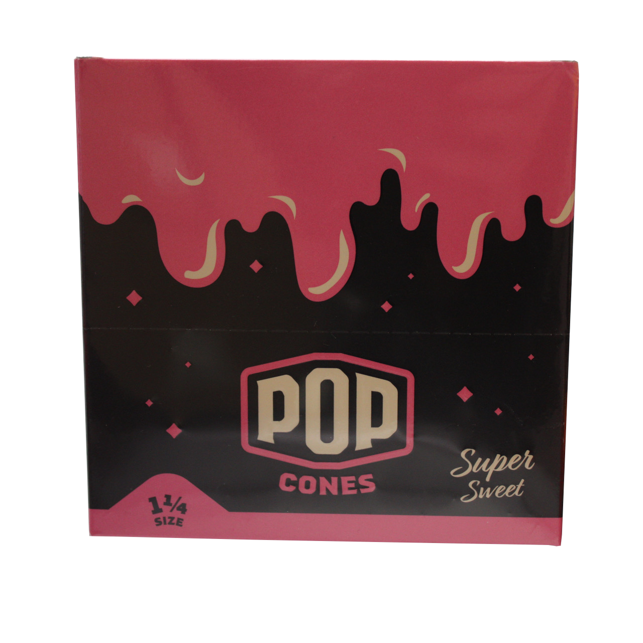 front view of the Pop brand squeeze and pop flavored cones 1 1/4 size super sweet display box