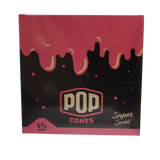 front view of the Pop brand squeeze and pop flavored cones 1 1/4 size super sweet display box