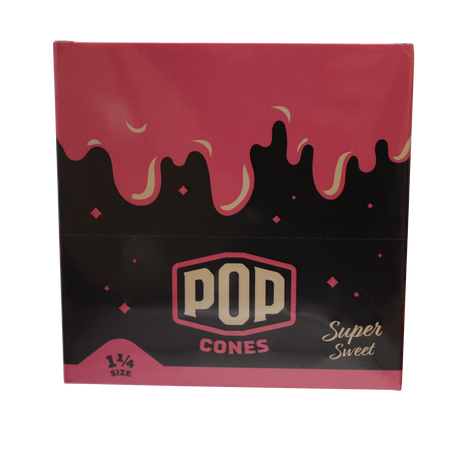 front view of the Pop brand squeeze and pop flavored cones 1 1/4 size super sweet display box