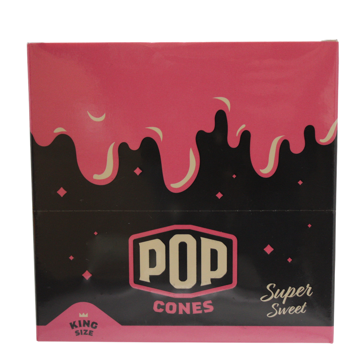 front view of the Pop brand squeeze and pop flavored cones King sized super sweet display box
