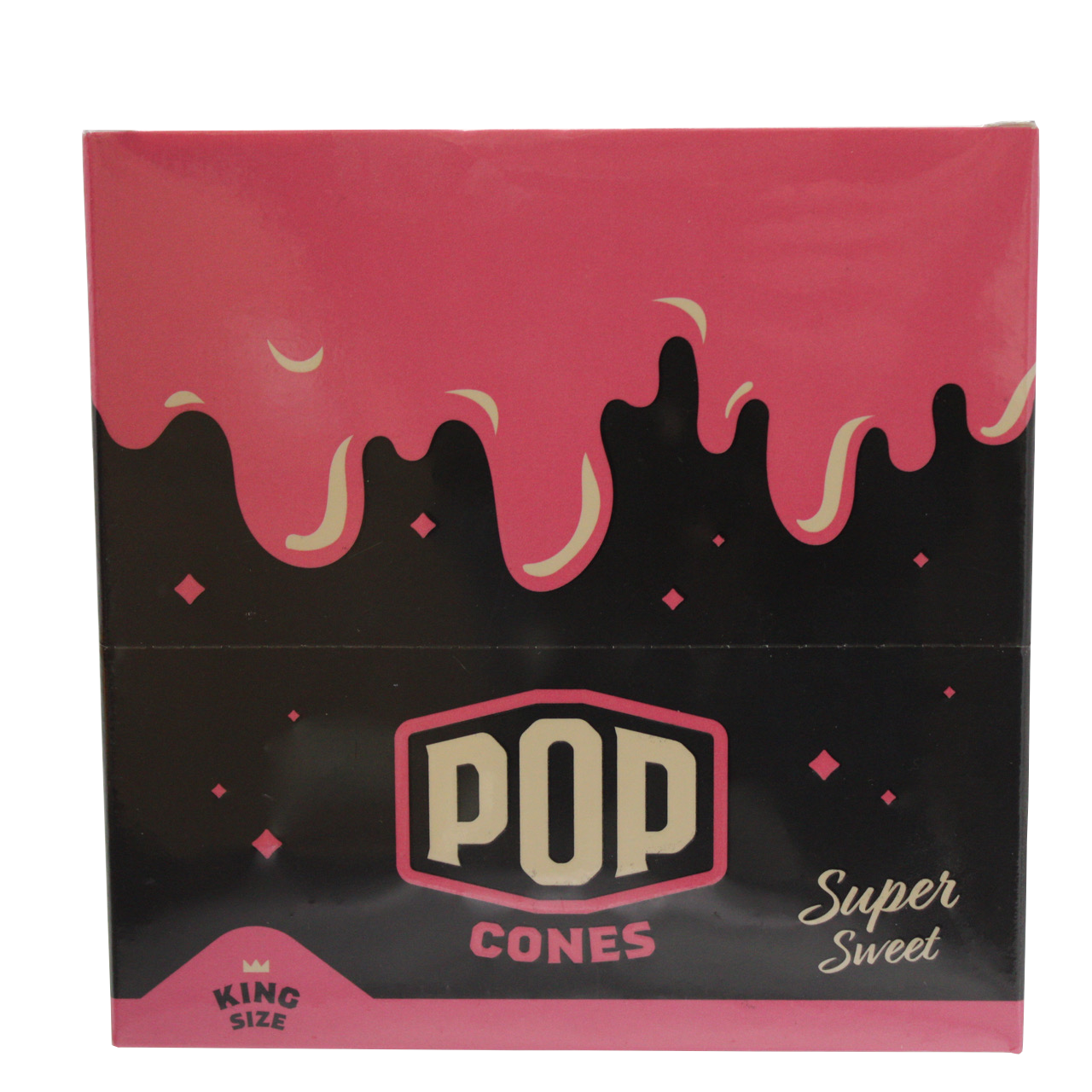 front view of the Pop brand squeeze and pop flavored cones King sized super sweet display box