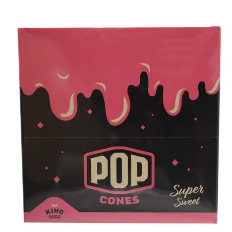 front view of the Pop brand squeeze and pop flavored cones King sized super sweet display box