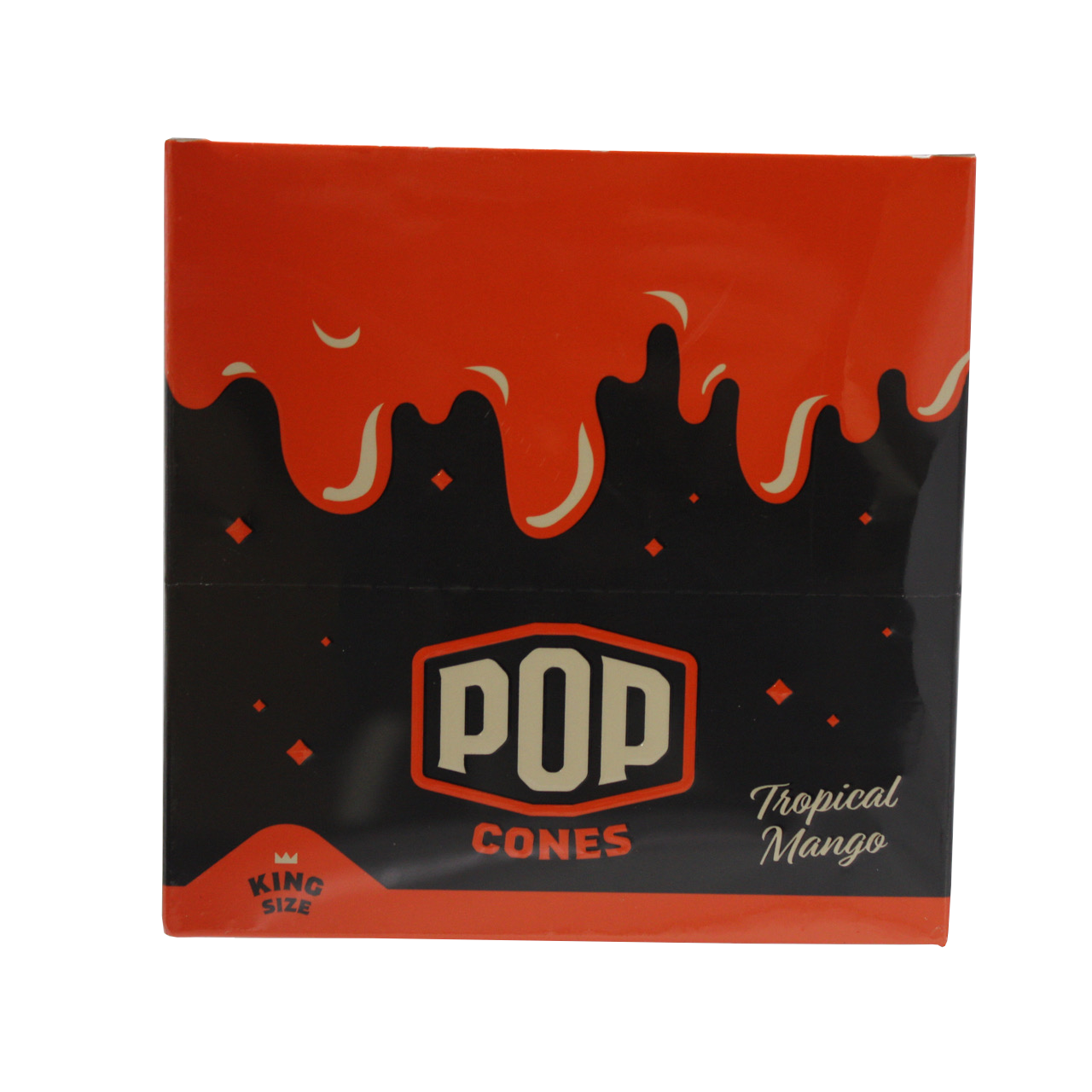 front view of the Pop brand squeeze and pop flavored cones King sized tropical mango display box