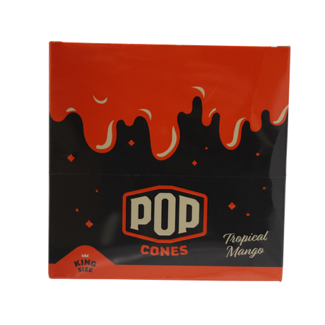 front view of the Pop brand squeeze and pop flavored cones King sized tropical mango display box