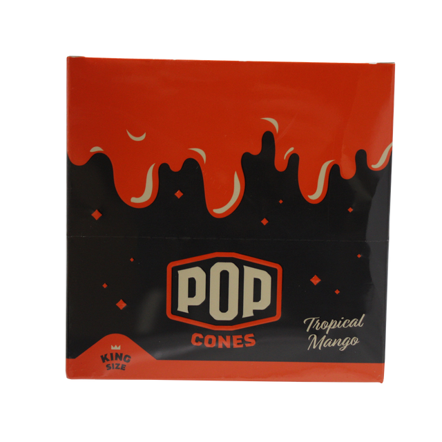 front view of the Pop brand squeeze and pop flavored cones King sized tropical mango display box