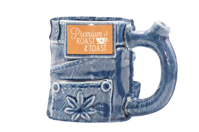 side view of the jean pants ceramic mug. made with a dual purpose smoking pipe along with the mug.