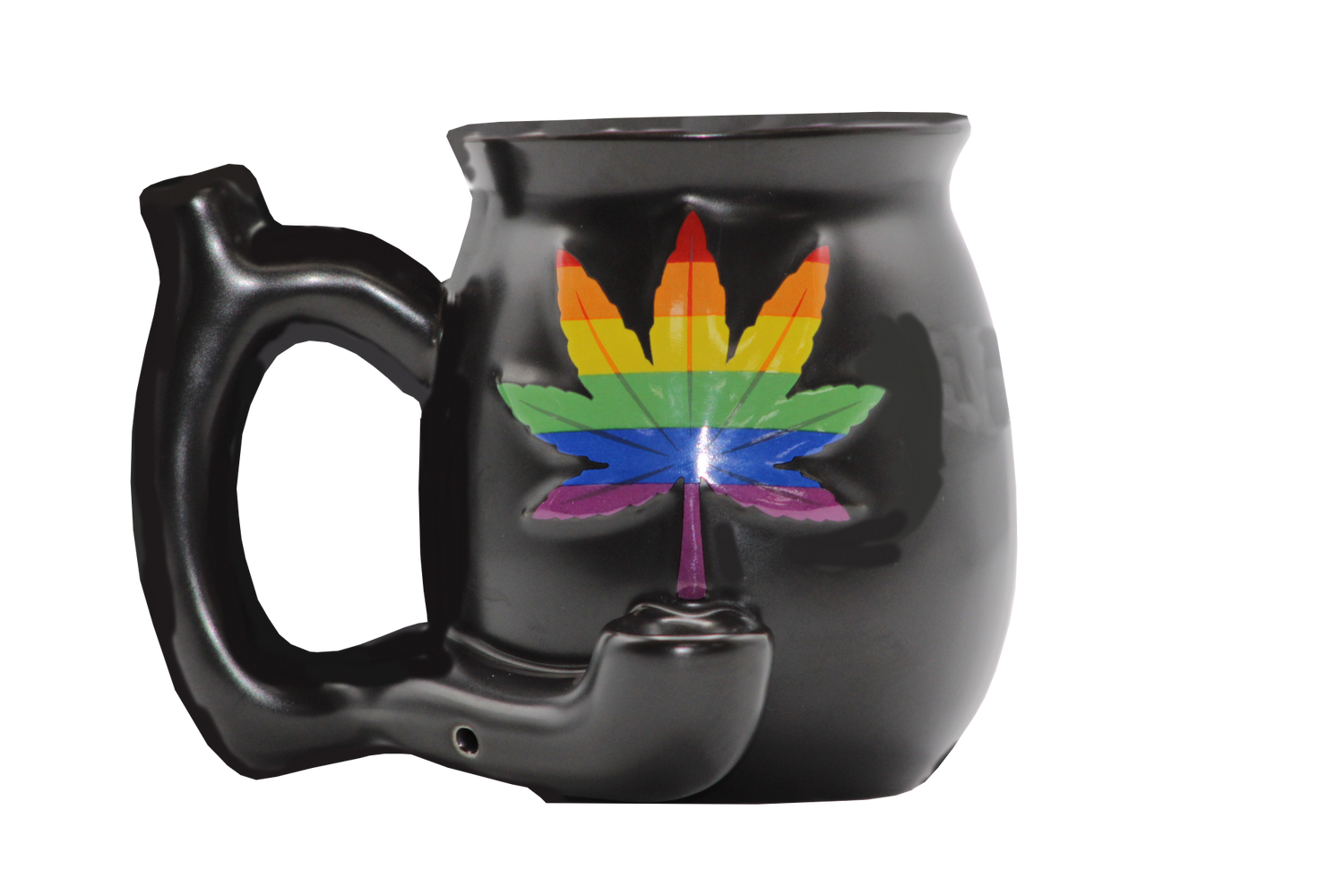 side view of the ceramic mug with build in hand pipe. Made with a matte black finish.