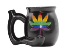 side view of the ceramic mug with build in hand pipe. Made with a matte black finish.