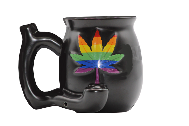 side view of the ceramic mug with build in hand pipe. Made with a matte black finish.