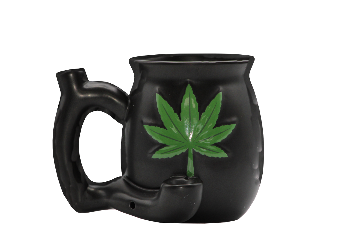 side view of the ceramic mug with build in hand pipe. Made with a matte black finish.