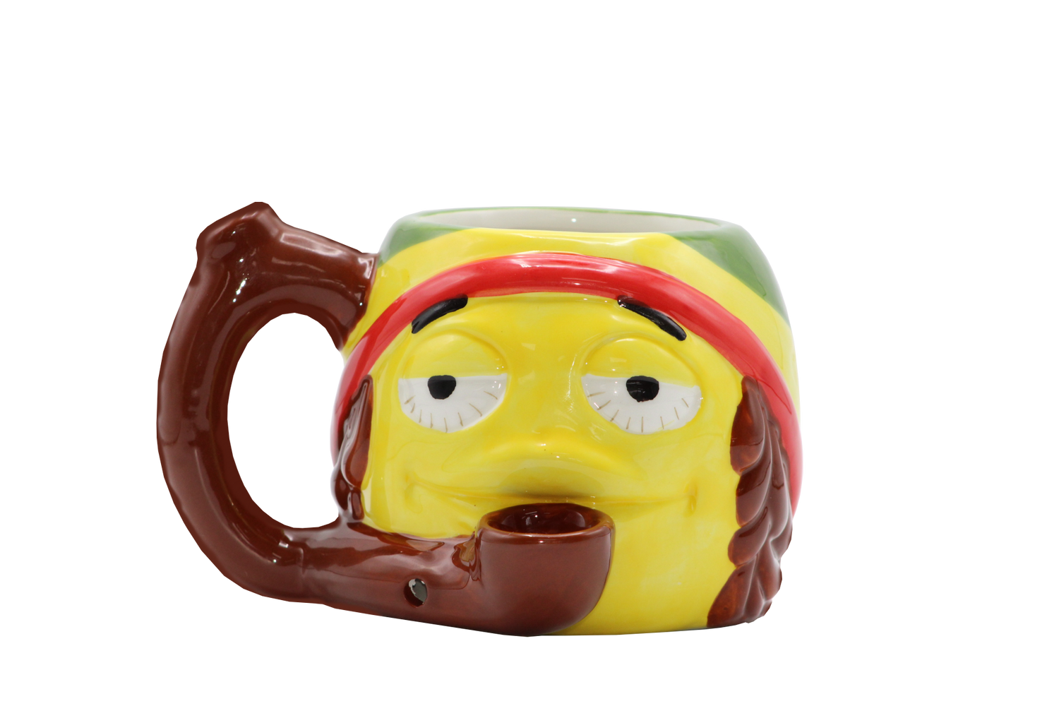 side view of the ceramic mug with built in hand pipe. Made with a stoned rasta design.