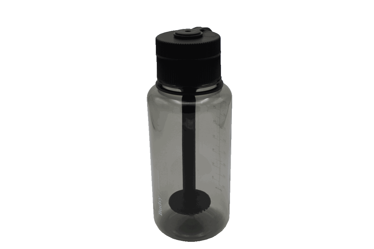 GIF of the Puffco Budsy water pipe, a hidden pipe in the shape of a water bottle giving comfort of mind with a discrete smoking session.