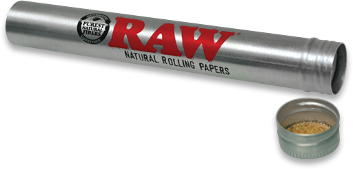 View of RAW metal storage tube. A smell proof secure case for cones by RAW.