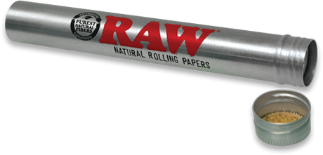 View of RAW metal storage tube. A smell proof secure case for cones by RAW.
