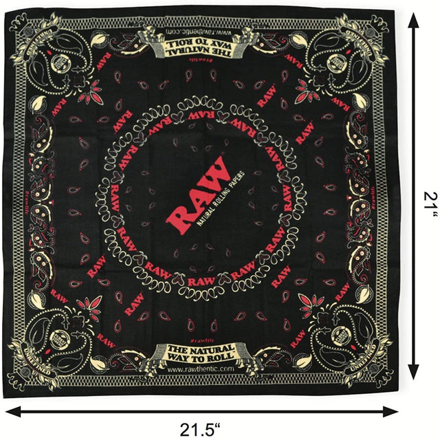 Spread of the RAW black bandana. A detailed official lifestyle accessory from RAW.