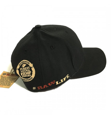 A rear view of the black RAW poker hat. A traditional cap with a novel feature for smokers.