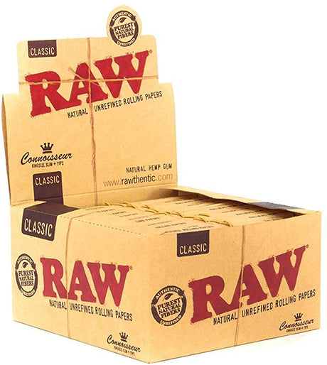 front view of RAW classic connoisseur kins size slim rolling papers. A fast moving item in the RAW product line.