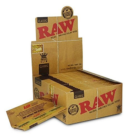 front view of the RAW classic king size slim display box and pack. A premium rolling paper made by RAW